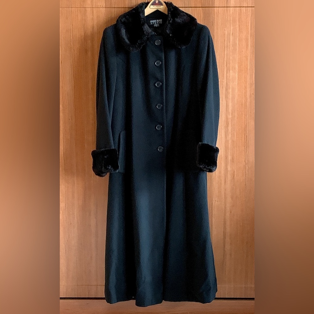 Women’s 8 SEARLE BLATT STUDIO Real Fur Trim Cashmere Full Length Coat Jacket